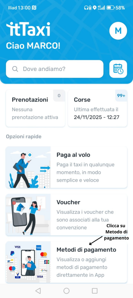 itTaxi app New Home metodo pagamento