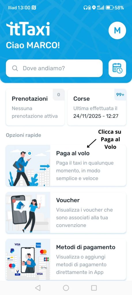 itTaxi app New Home paga al volo